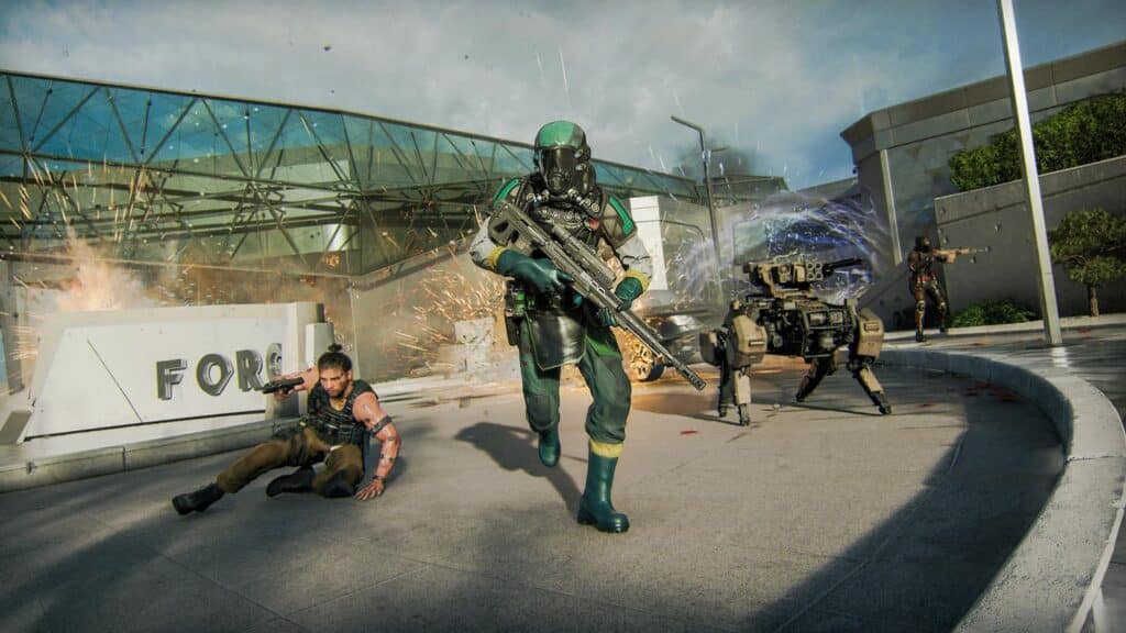 Soldier in advanced armor with rifle and combat drone in Black Ops 7 battle