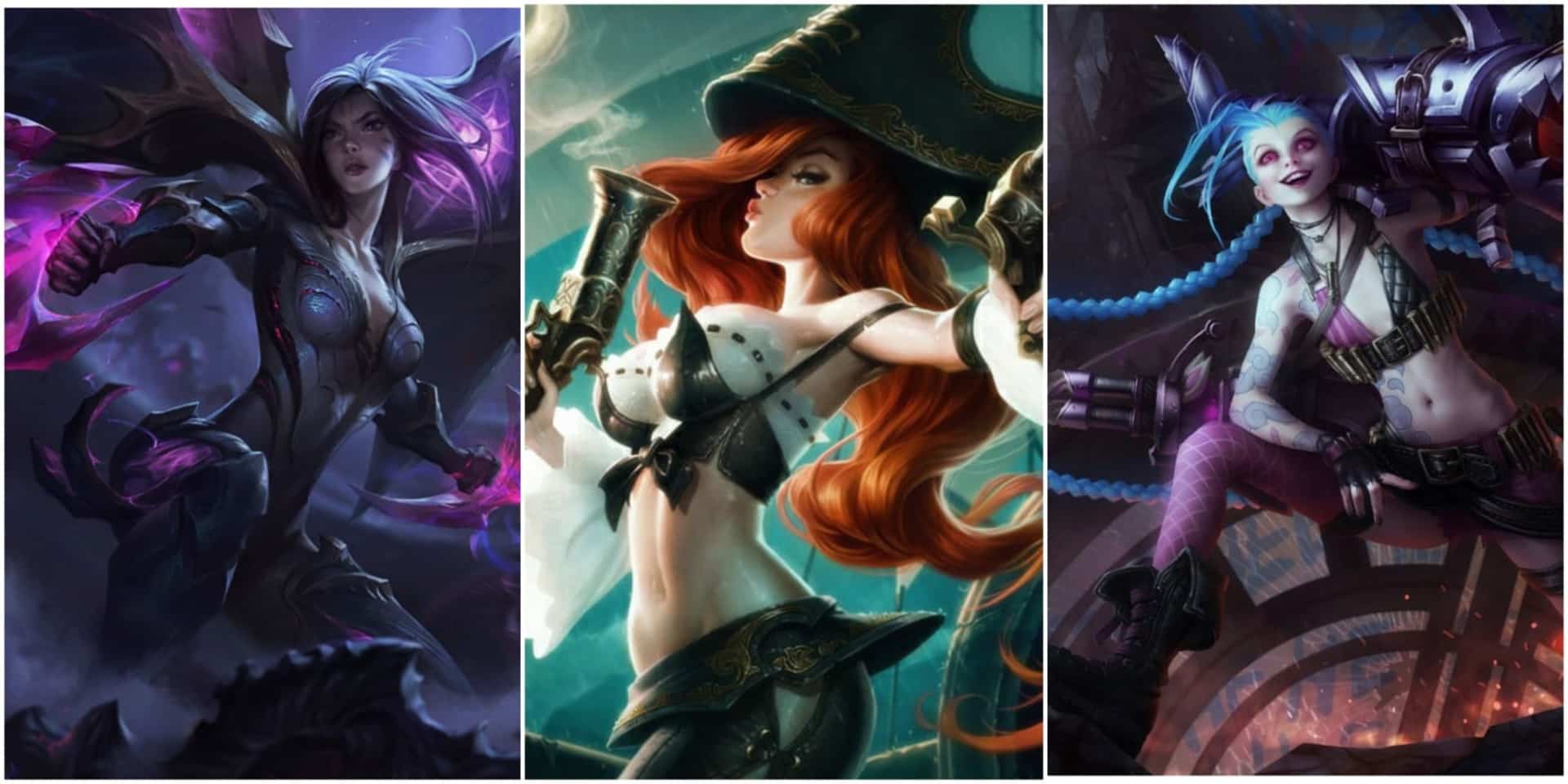 A triptych of fantasy characters: left, a dark-armored figure with purple accents; center, a red-haired woman in a pirate outfit; right, a blue-haired character with a mechanical weapon, all exuding strength and confidence