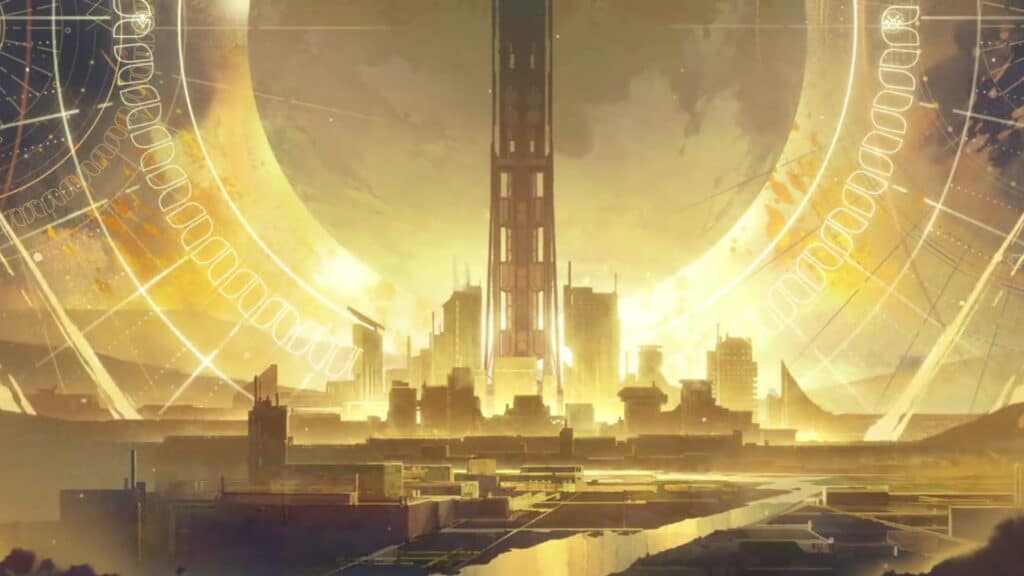 Arte concettuale della città futuristica sotto la sfera di brillante viaggiatore nella destinazione: Rising