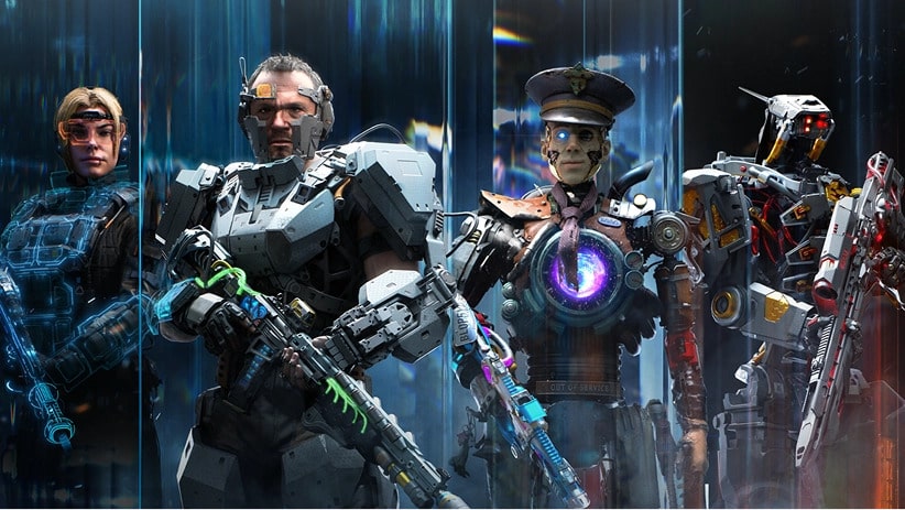 Four futuristic operators with robotic armor and weapons in Black Ops 7