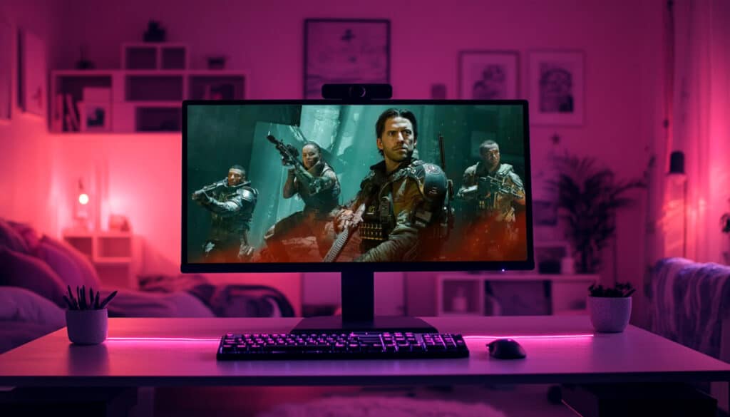 A computer monitor with Black Ops 7 showing soldiers in combat gear