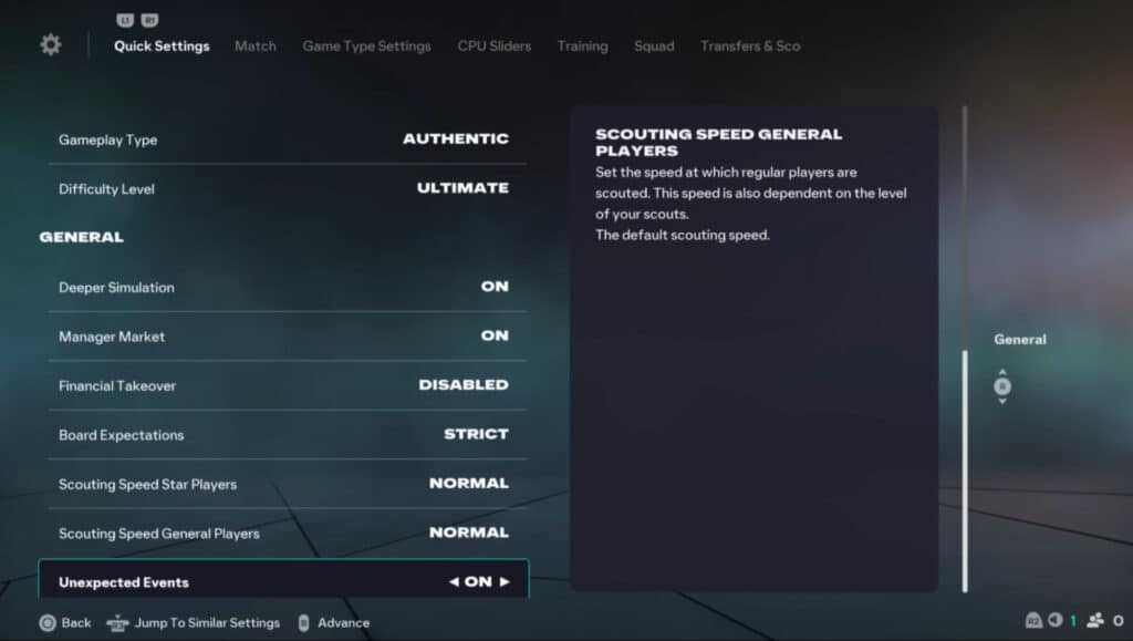 Menu in modalità gara rapida FC 26 con opzioni di esplorazione e eventi