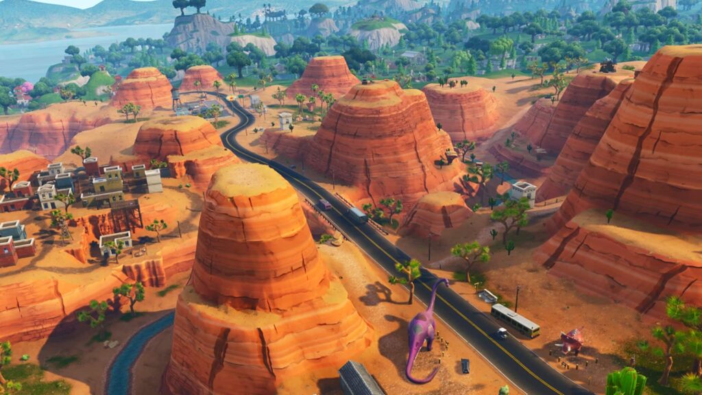 Peta gurun Fortnite dengan ngarai merah dan jalan berliku