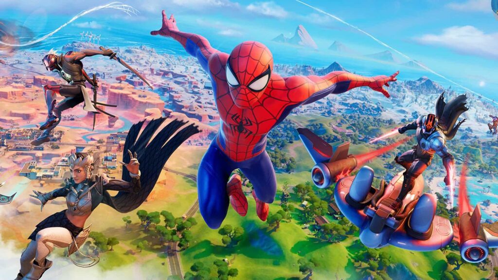 Spider-Man mengayunkan peta Fortnite dengan karakter lain
