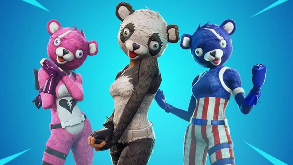 Tiga pemimpin tim pelukan Fortnite Skins dalam varian merah muda, panda, dan biru.