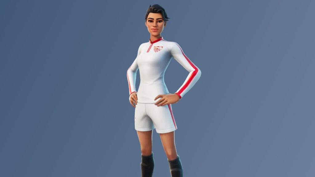 Kulit Derby Dominator Fortnite mengenakan seragam sepak bola putih dengan aksen merah.