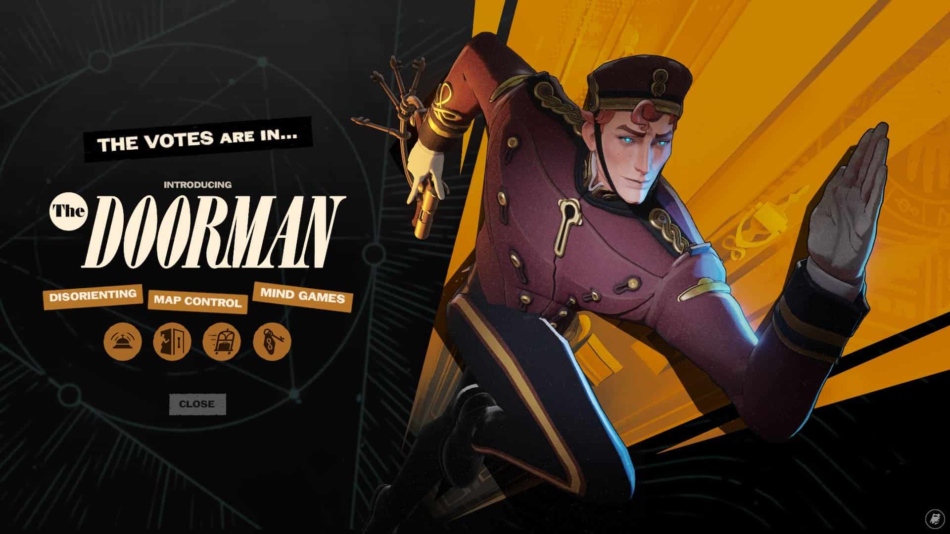 The image features a character called "The Doorman" in a dynamic pose, wearing a vintage uniform. Keywords "Disorienting," "Map Control," "Mind Games" are shown