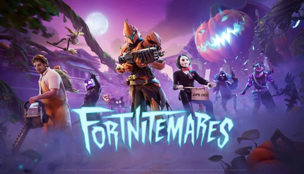 Fortnitemares 2025 official promo artwork showing Leatherface, Ghostface, pumpkin monsters and other Halloween Fortnite skins.