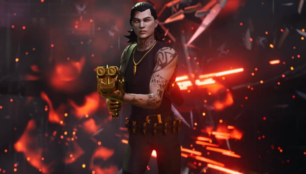 Midas character in Fortnite holding a golden gun with fiery background