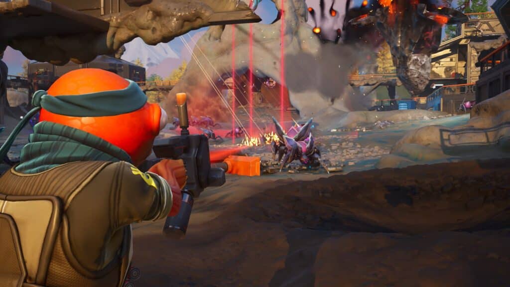 Player with Fishstick skin fighting alien creatures in Fortnite Zero Build mode