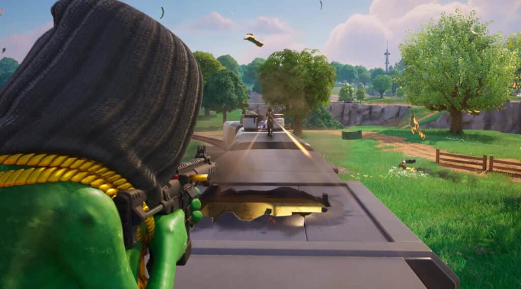 Fortnite player shooting enemies during a train battle in Zero Build mode