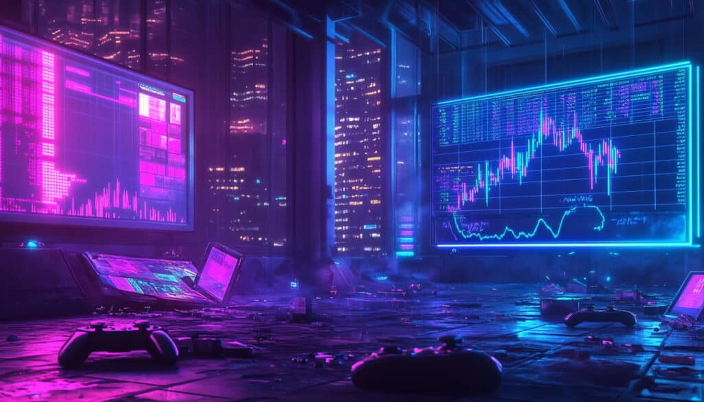 Neon gaming room with stock charts on screens