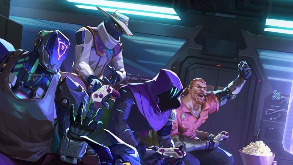 A group of Valorant heroes stands together in a vibrant, futuristic cityscape, showcasing their unique abilities and designs.