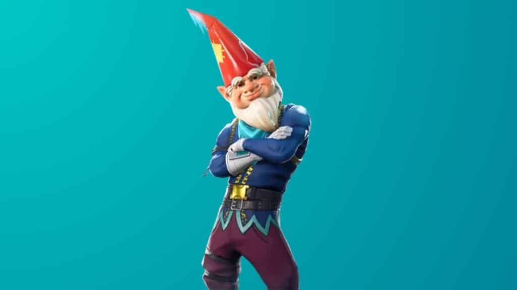 Merapikan kulit Fortnite yang menampilkan gnome Natal yang sombong dengan topi merah tinggi.