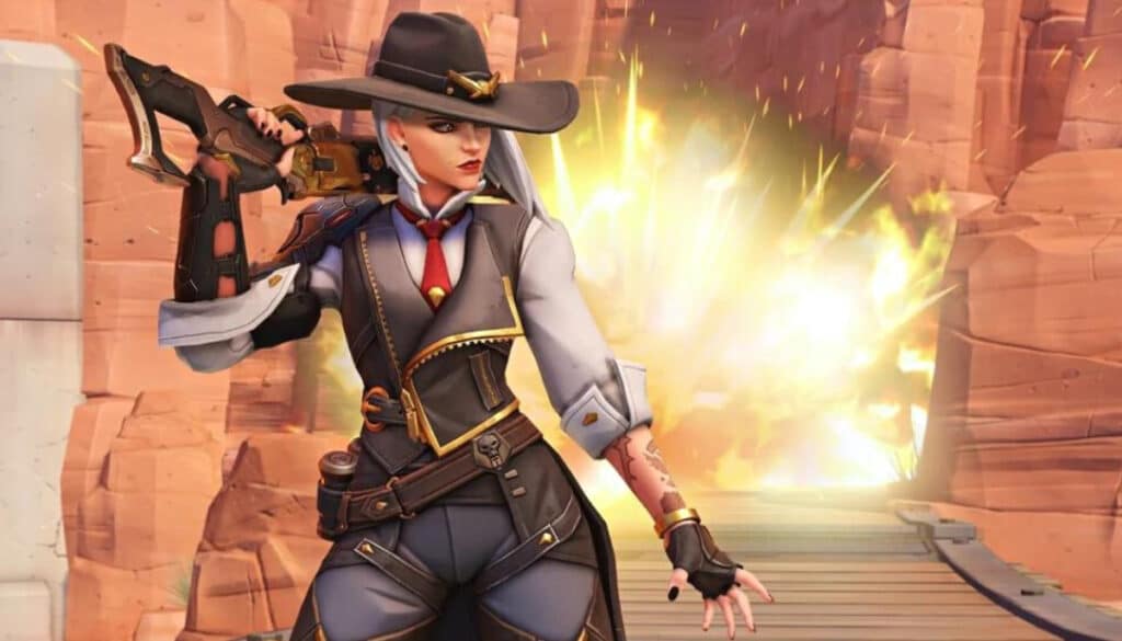 Ashe con un vestito elegante si pone con fiducia con un fucile in mano in un contesto di un'esplosione drammatica e un paesaggio roccioso