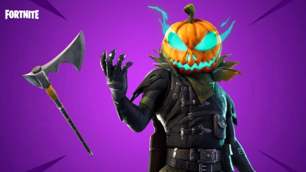 Kulit Fortnite Hollowhead dengan kepala jack-o'-lantern yang bersinar dan baju besi gelap.
