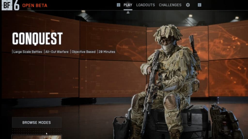 Soldier sitting with rifle in Battlefield 6 open beta Conquest menu.