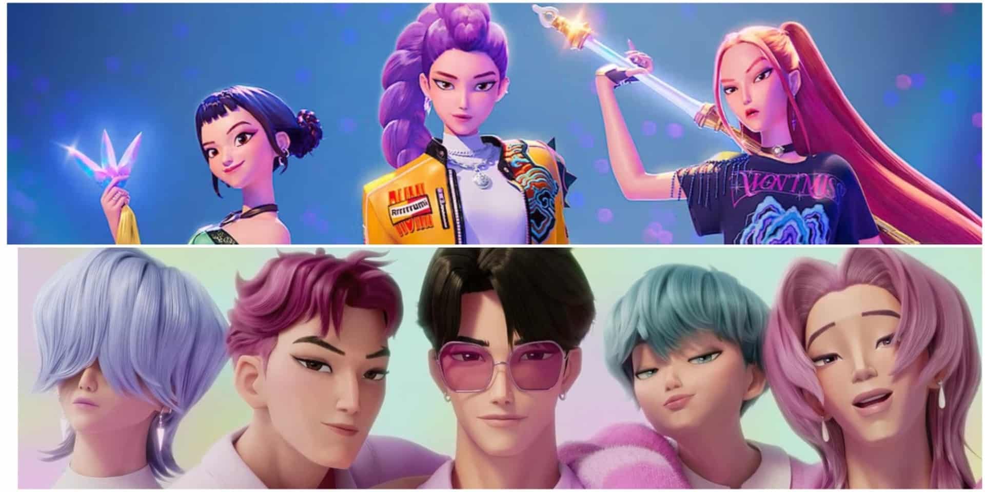 Gambar split yang semarak dari karakter animasi. TOP: Tiga wanita ganas, futuristik memegang senjata bersinar. Bawah: Lima pria bergaya dengan gaya rambut yang bervariasi, berpose dengan percaya diri