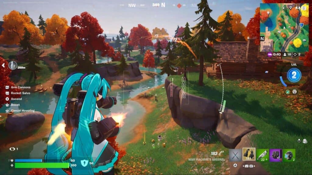 Fortnite Player che usa l'Arsenal di War Machine per attaccare dall'aria a Stark Island