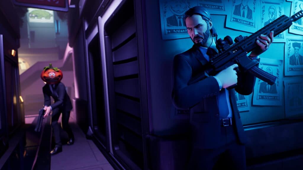 Fortnite John Wick skin aiming with rifle in dark corridor