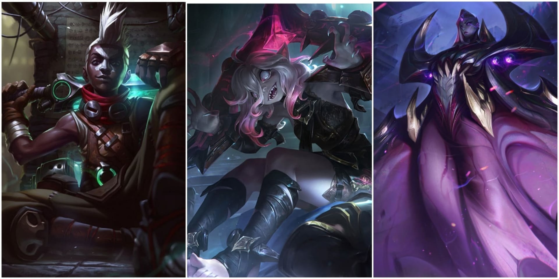 A triptych of dynamic fantasy characters: a tech-savvy warrior with a mohawk and red scarf, a fierce woman with white hair and sinister look, and an elegant armored figure with glowing purple accents, exuding power and mystery