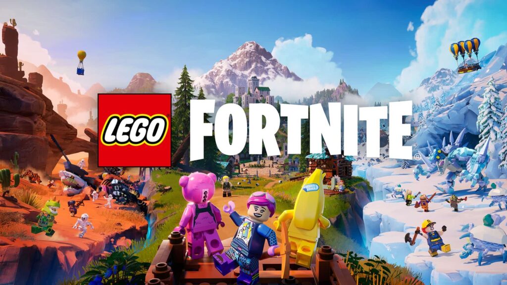 LEGO Fortnite crossover with block characters exploring different biomes
