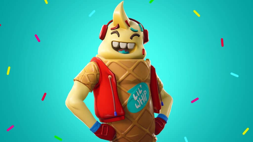 Kulit Fortnite Lil Whip dengan kepala es krim, tubuh kerucut, dan rompi merah.