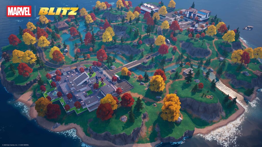 Mappa di Fortnite Stark Island con Stark Industries, Academy and Cabin in Marvel Blitz Update