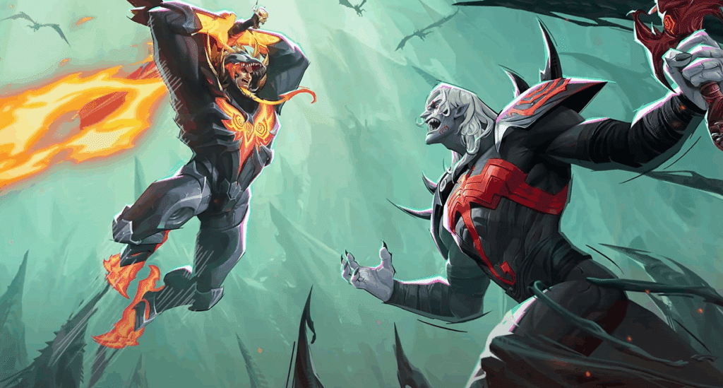 Marvel Rivals Season 3 Throne of Knull cutscene featuring Venom Reborn King in Black and Knull fighting