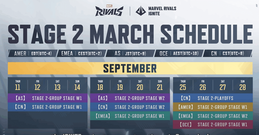 Marvel Rivals Ignite Stage 2 September 2025 schedule graphic