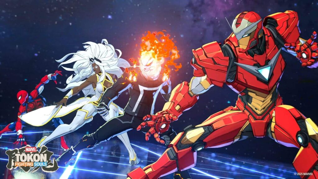 Spider-Man, Storm, Ghost Rider e Iron Man che portano avanti nella Marvel Tōkon