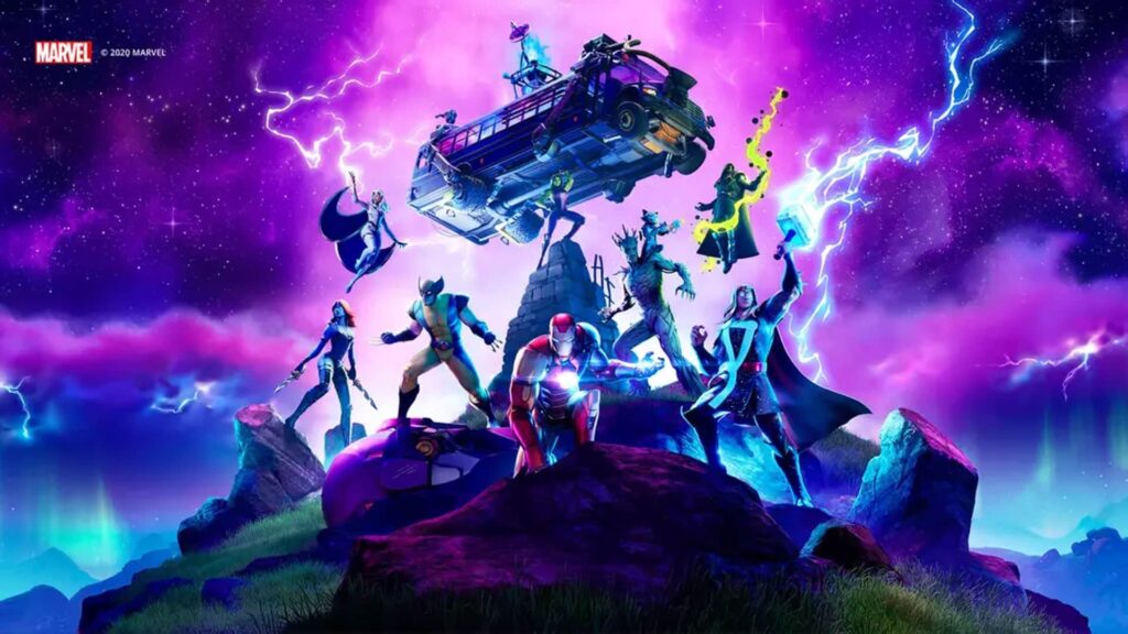 Fortnite Marvel crossover featuring heroes like Iron Man, Wolverine, Thor, Groot, and others under a cosmic sky