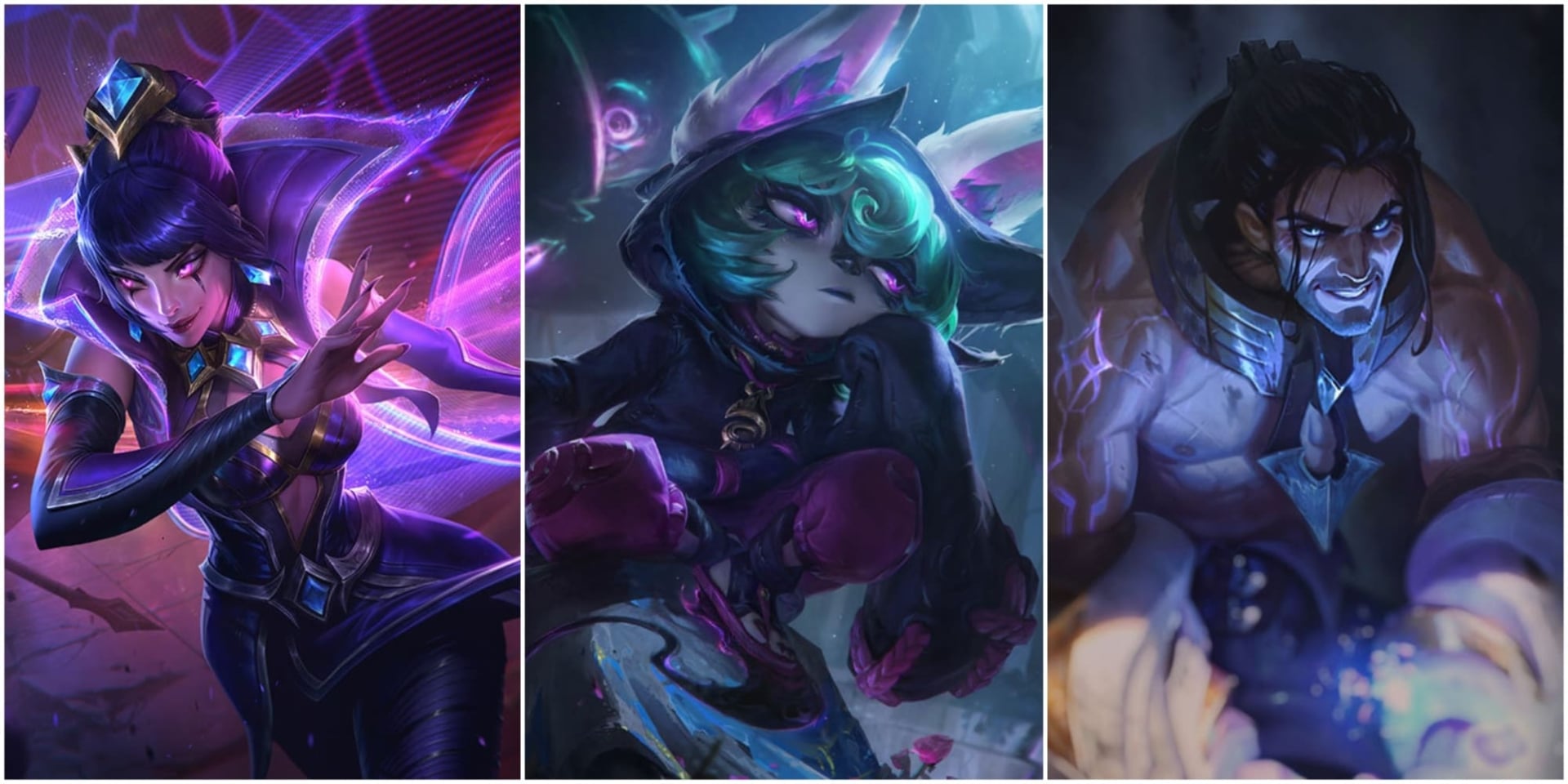 A vibrant fantasy artwork collage of three characters: a poised woman with purple energy, a hooded figure with glowing eyes, and a fierce warrior wielding magic