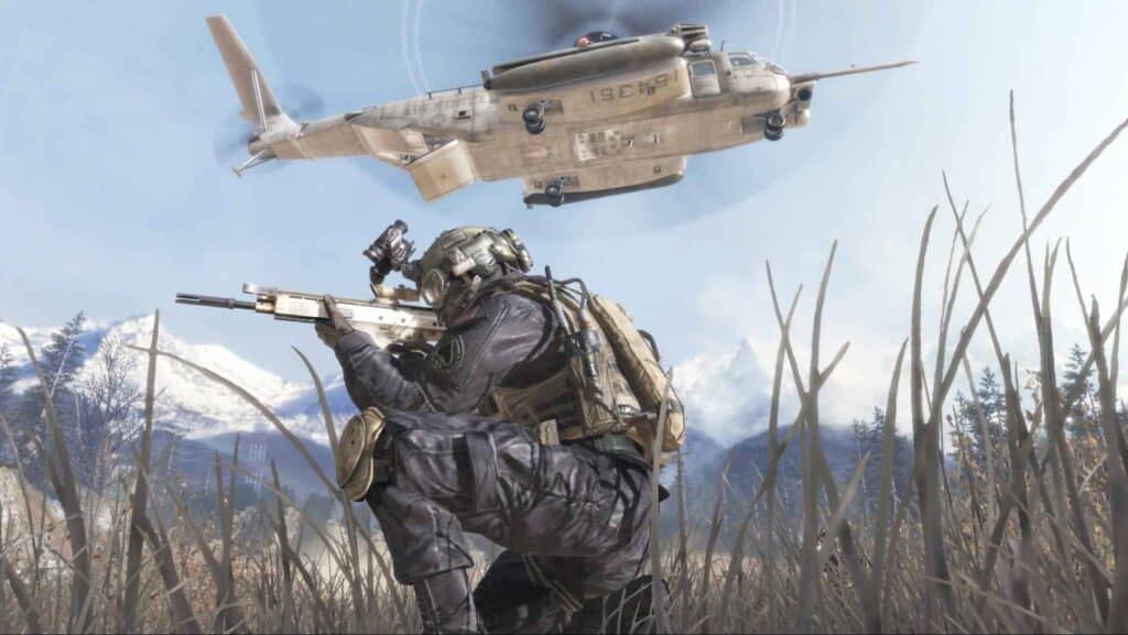 Call of Duty: Modern Warfare 2 Soldier che trasporta la battaglia con gli elicotteri in alto