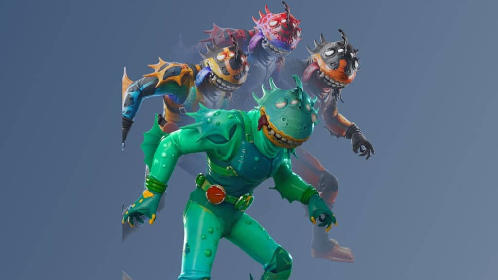 Kulit Fortnite Merman yang lembab dengan beberapa varian warna, menyerupai amfibi seperti monster.