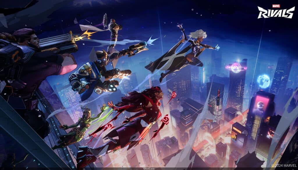 Marvel Rivals heroes in battle above a futuristic city skyline