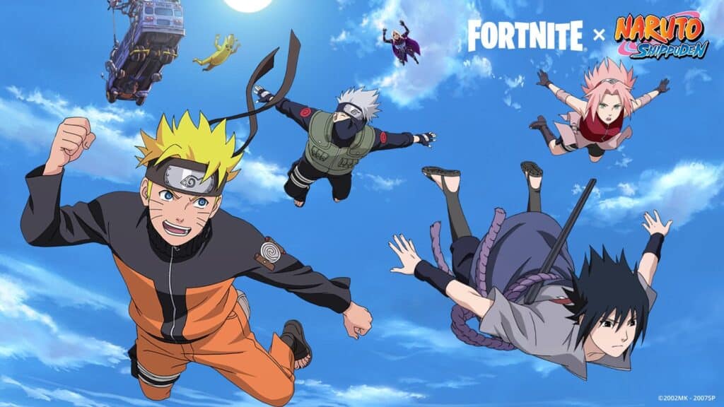 Fortnite Naruto Shippuden crossover with characters skydiving from Battle Bus