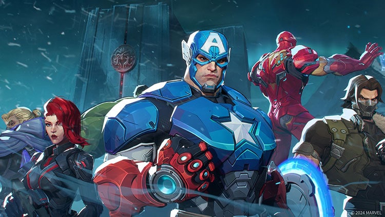 Captain America, Black Widow, Iron Man, and Winter Soldier in Marvel Rivals artwork