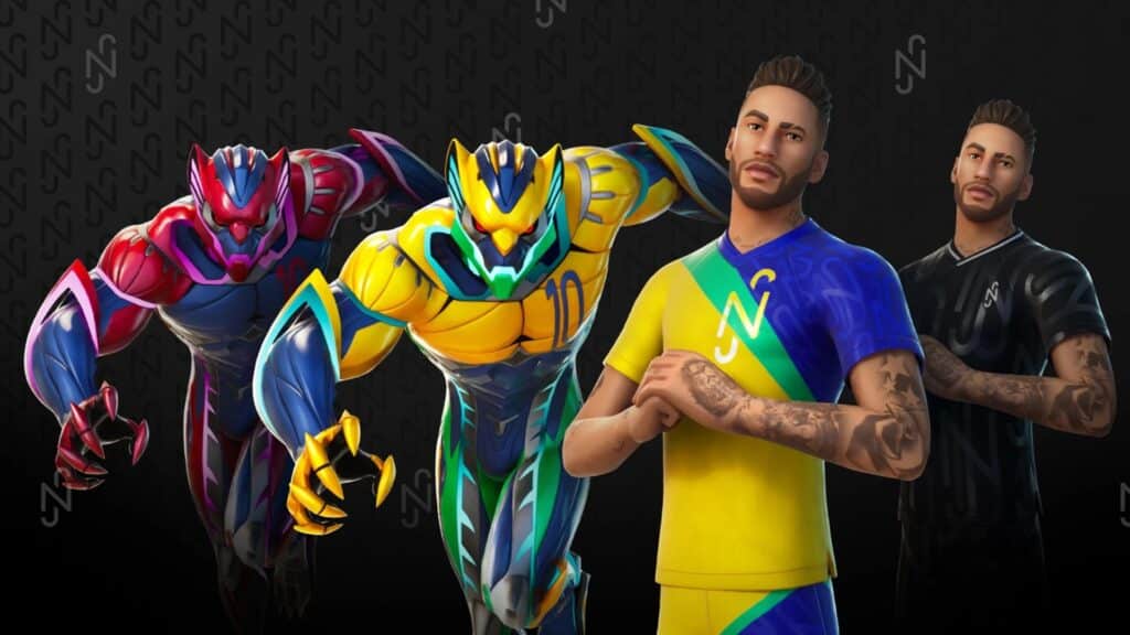 Neymar Jr Fortnite Skin dengan dua pakaian sepak bola dan dua varian bertema Jaguar lapis baja.