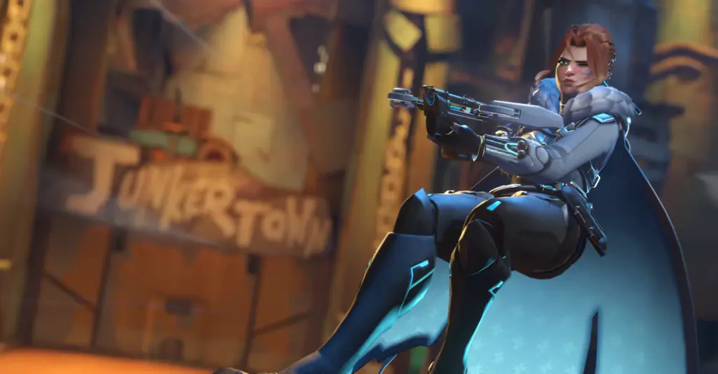 Overwatch 2 damage hero Freja fighting in Junker Town map