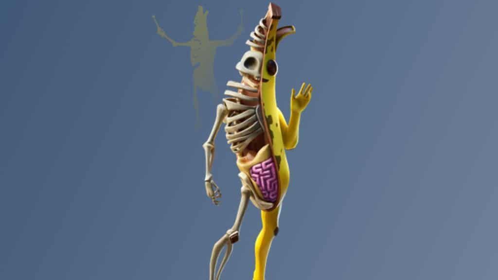 Kulit Bone Fortnite yang lusuh menunjukkan setengah pisang dan desain setengah kerangka.