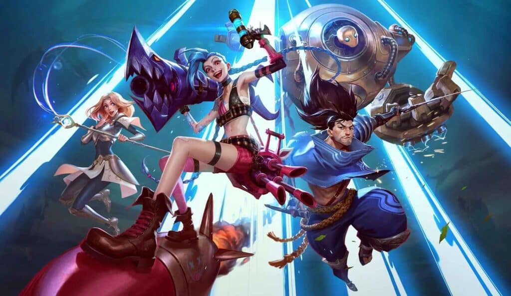 A group of League of Legends characters stands together, showcasing their unique designs and abilities in a vibrant setting.