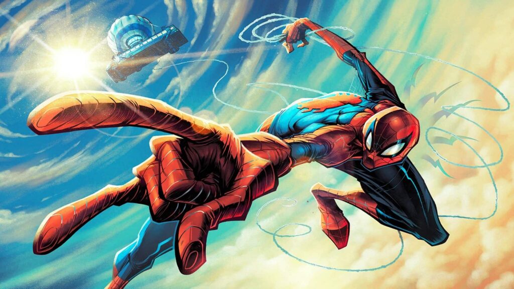 Fortnite Spider-Man swinging through the sky with Battle Bus in background