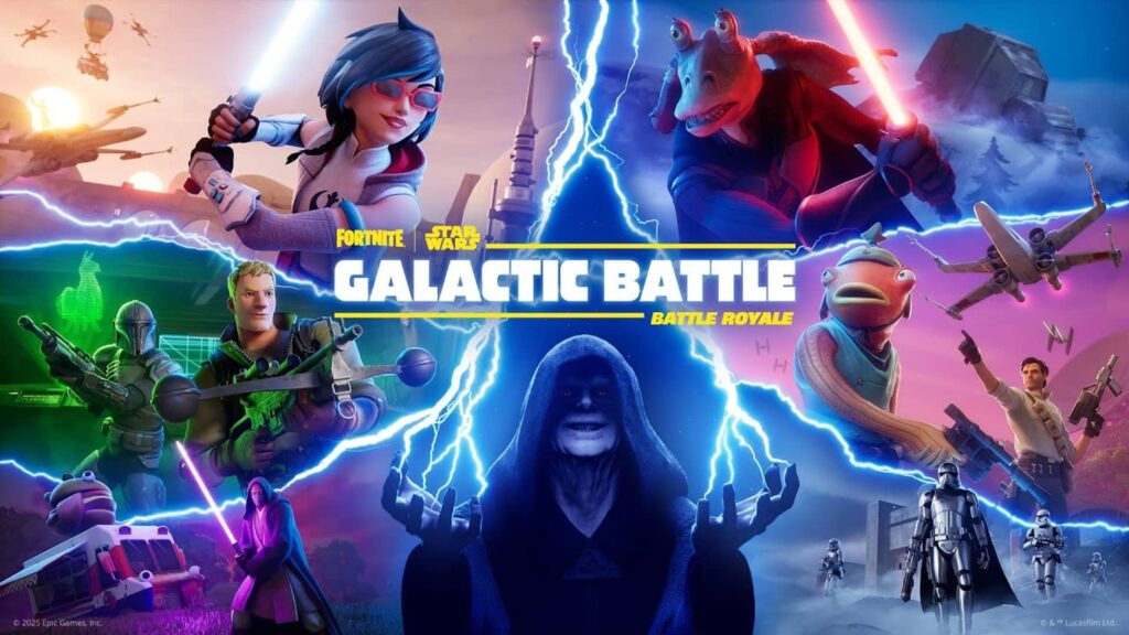 Fortnite Star Wars Galactic Battle crossover featuring lightsabers, blasters, and iconic characters