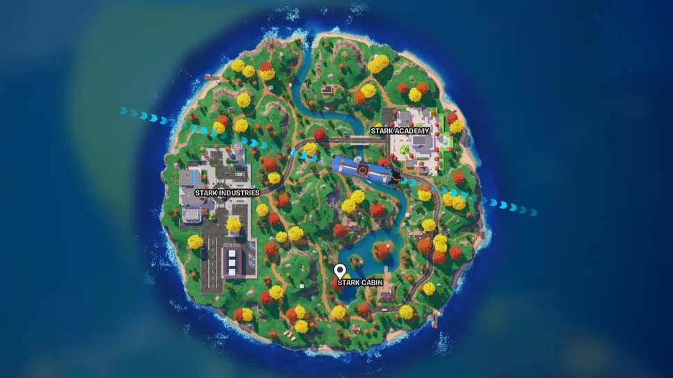 Mappa di Fortnite Blitz Royale che mostra Stark Industries, Stark Academy e Stark Cabin Pois
