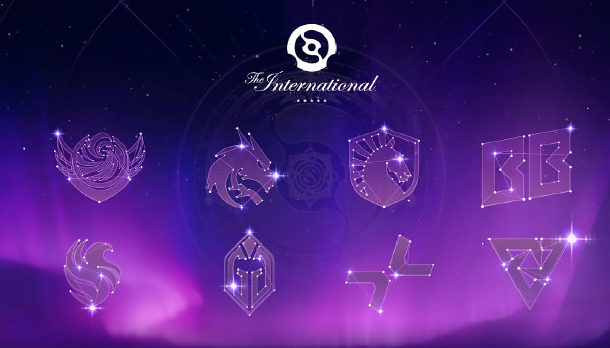 Purple-hued cosmic scene with eight glowing team logos arranged in a circle, displaying constellations. "The International" logo prominently above