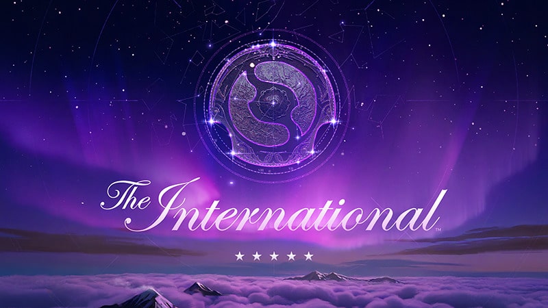 A celestial-themed logo on a purple night sky with constellations. Below is "The International" in elegant script with stars, evoking a sense of wonder