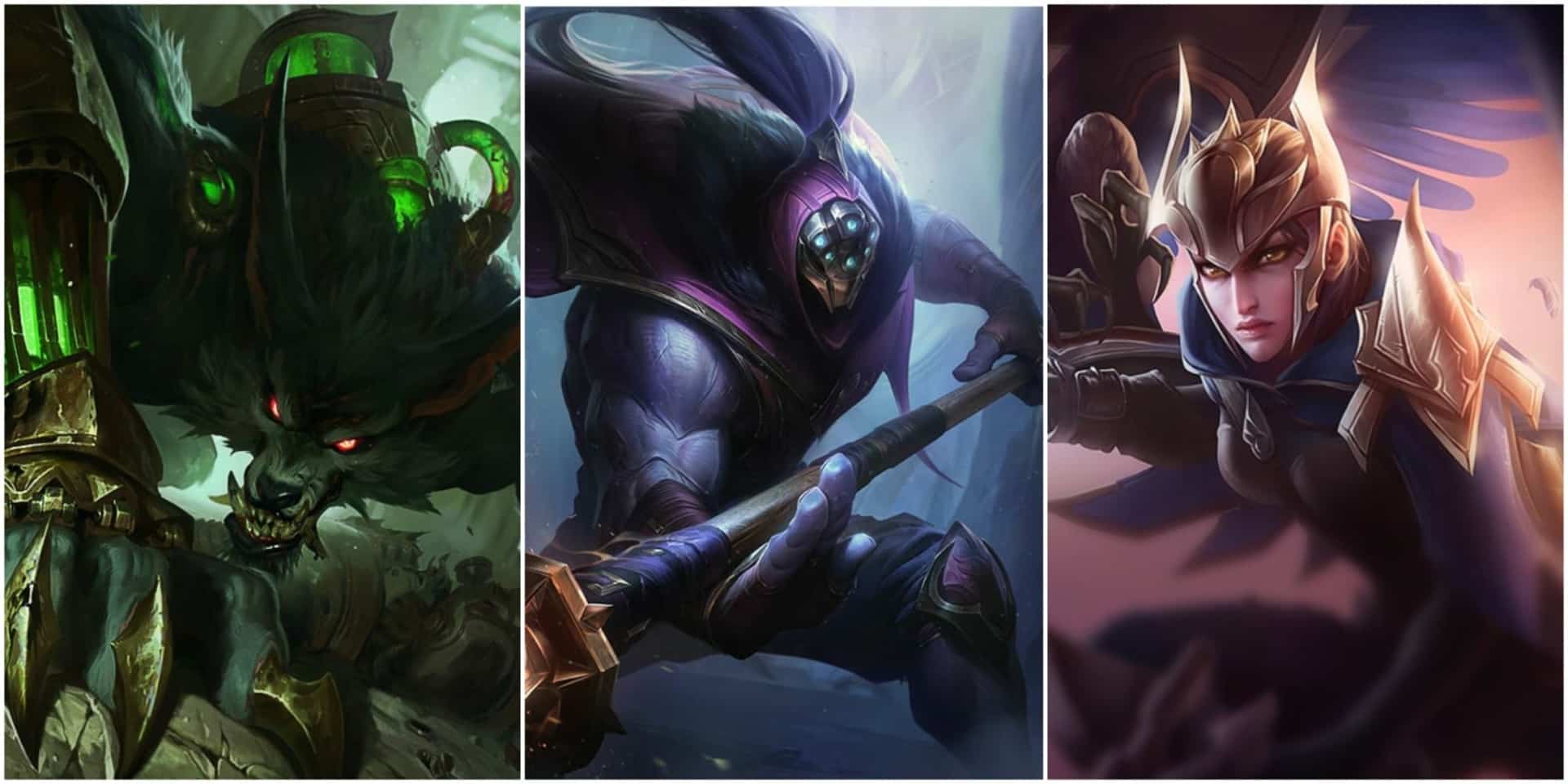 A triptych of fantasy characters: a fierce creature with glowing eyes, a masked warrior gripping a large weapon, and an armored woman with wings, ready for battle