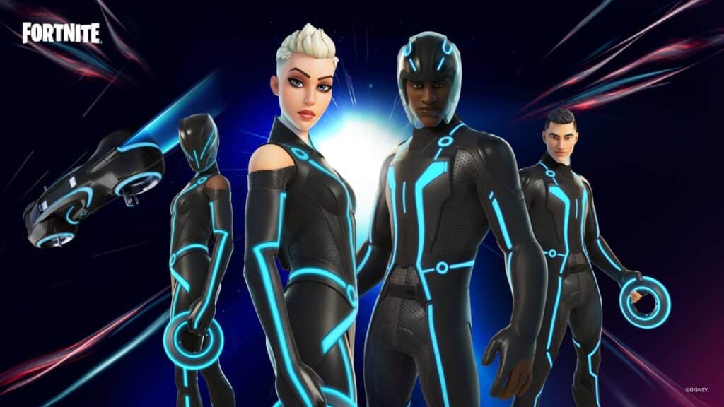 Tron Legacy Fortnite Skins dengan Neon Blue Suits dan Disc Identity Disc.