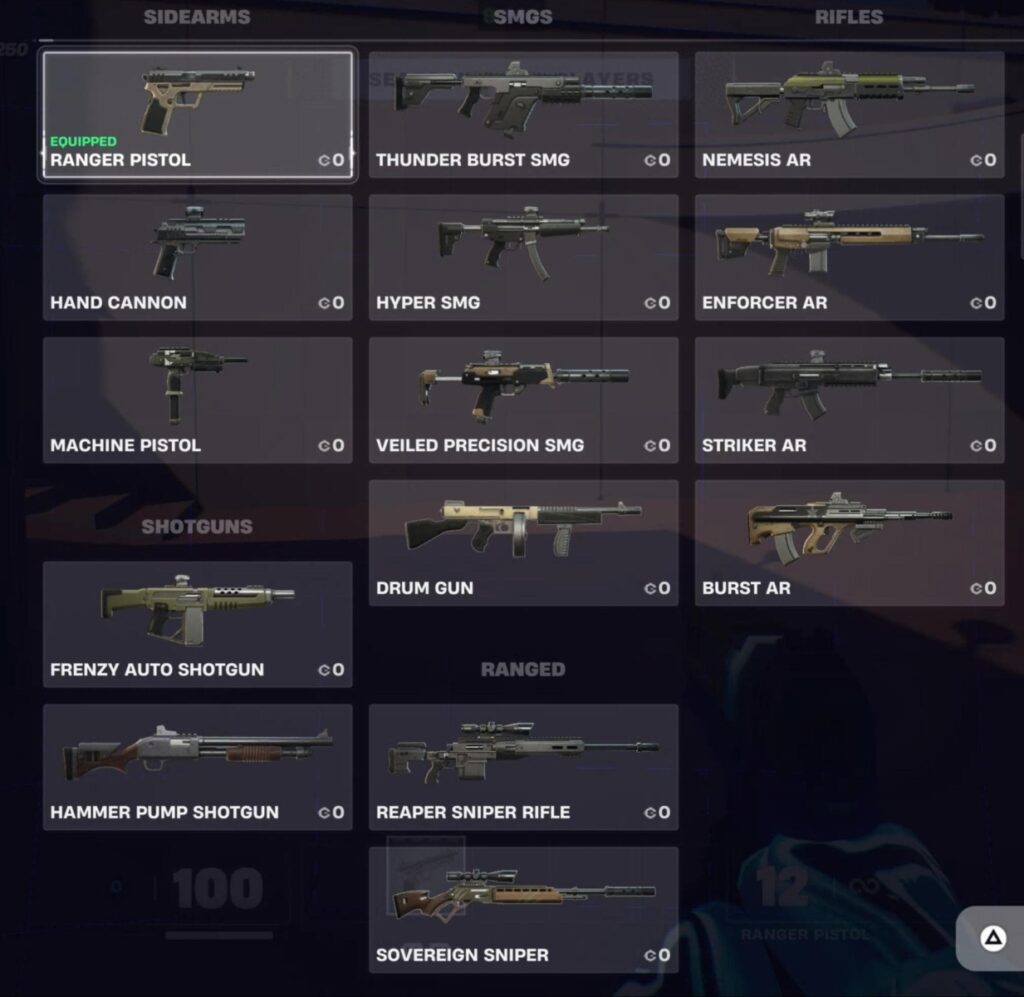 Menu di carico balistico che mostra Ranger Gun, Ars, SMG, Shotguns e Snipers